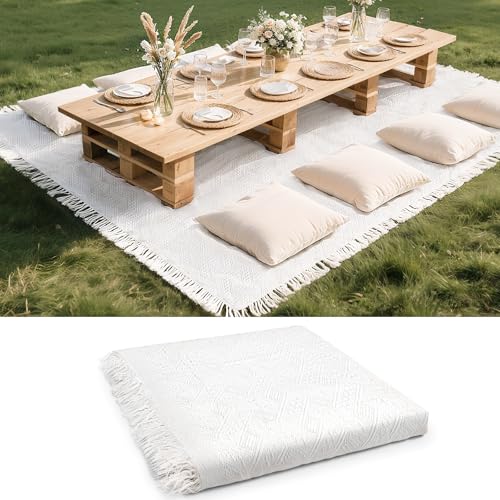 102 x 71 Extra Large White Outdoor Picnic Blanket, Woven Cotton Yarn Oversize Portable Blanket with Fringe for Camping, La...