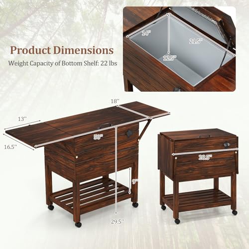 Tangkula Rolling Wooden Patio Cooler Cart, 54 Quart Outdoor Ice Chest Cooler Cart with 2 Drop Leaf Tables, Bottle Opener &...