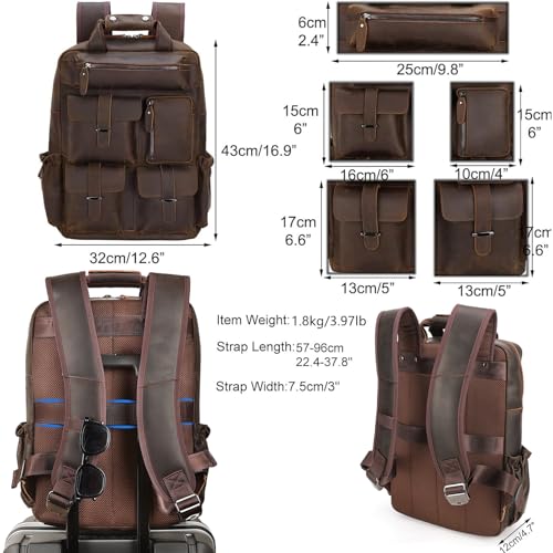 Masa Kawa Leather Backpack for Men Vintage 15.6 Inch Laptop Bag Multi Pockets Casual Travel Daypack Brown