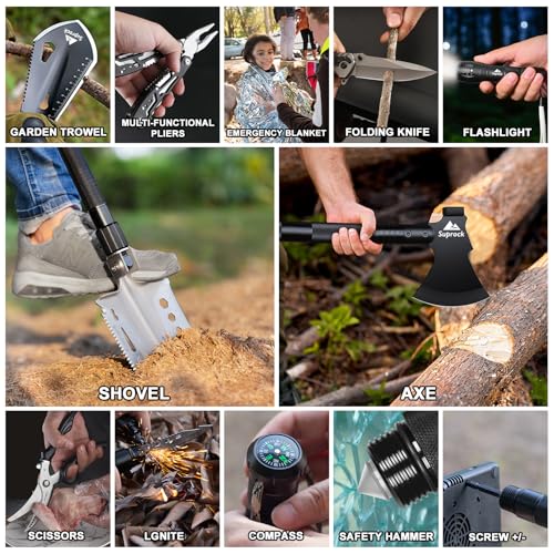 SUPROCK Survival Shovel and Camping Shovel, 30-in-1 Tactical Shovel Axe with High Carbon Steel, Folding Entrenching Tool w...