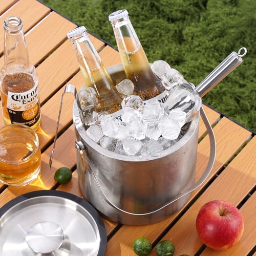 3L Stainless Steel Ice Bucket, Double Wall Insulated Ice Bucket with Lid, Drain Plate, Scoop, Tong for Parties Cocktail Bar