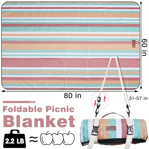 Waterproof Picnic Blanket 80" x 60" in Portable with Carry Strap for Beach Mat or Family Outdoor Camping Party, Park Blank...