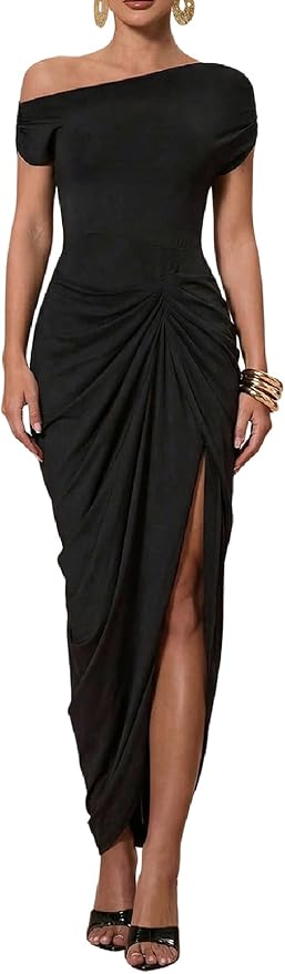 Floerns Women's Elegant Long Dress Asymmetrical Off Shoulder Ruched Slit Bodycon Cocktail Dresses