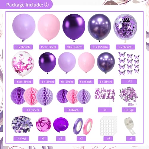 Purple Birthday Decorations, Purple Pink Party Decorations with Happy Birthday Banner, Balloons, Bday Sash, Crown, Butterf...