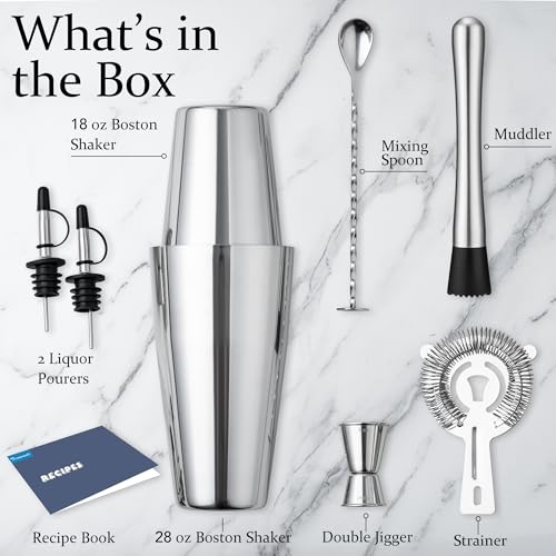 Boston Cocktail Shaker Set, 8-Piece Bartender Kit with 18oz & 28oz Shaker Strainer Muddler Jigger Mixing Spoon Pourers, Ba...