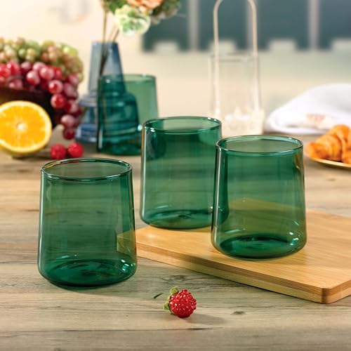 Emerald Green Glass Tumbler Set of 4 – 16.5 oz Borosilicate Drinkware – Durable, Lead-Free, Dishwasher Safe – Unique Color...