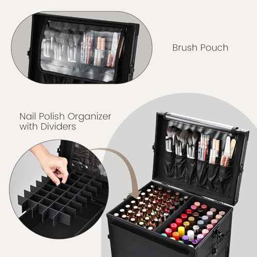 Joligrace Rolling Manicure Table 5 Drawers Makeup Case Foldable Nail Desk Cosmetology Case on Wheels Nail Tech Table with Brush Pouch for Technician Workstation Mobile Makeup Artist Trolley Black
