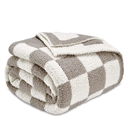 CozeCube Super Soft Fullfy Microfiber Reversible Knitted Blankets, Warm Cozy Fuzzy Plush Throw, Grey and White Checkered T...