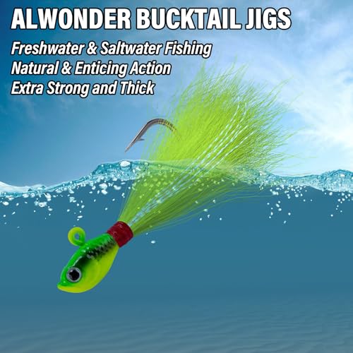 Alwonder 5-Pack Bucktail Jigs Hair Jigs Saltwater Freshwater Fishing Bucktail Lures Surf Fishing Jig Heads White Luminous ...