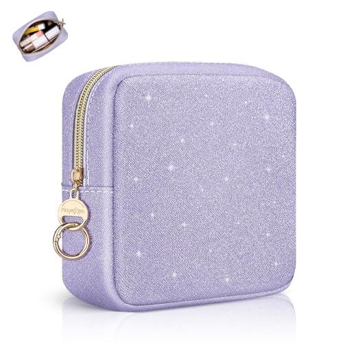 Playexen 5.7" Small Makeup Bag, Glitter Cosmetics Bag for Purse, Portable Small Travel Makeup Pouch with Ring Buckle (Purple)