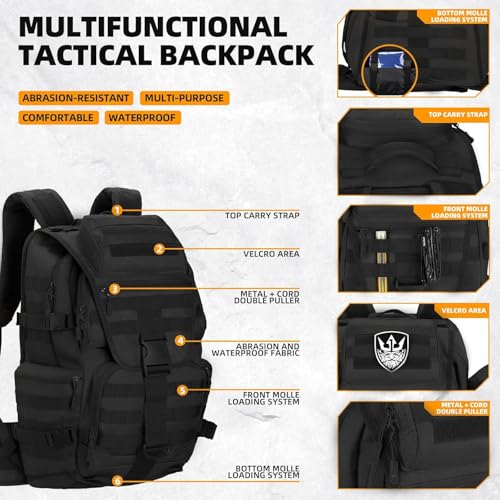 HongXingHai 50L Military Tactical Backpack 3 Day Assault Pack Molle Daypack Hiking Backpack for Men and Women (Black)