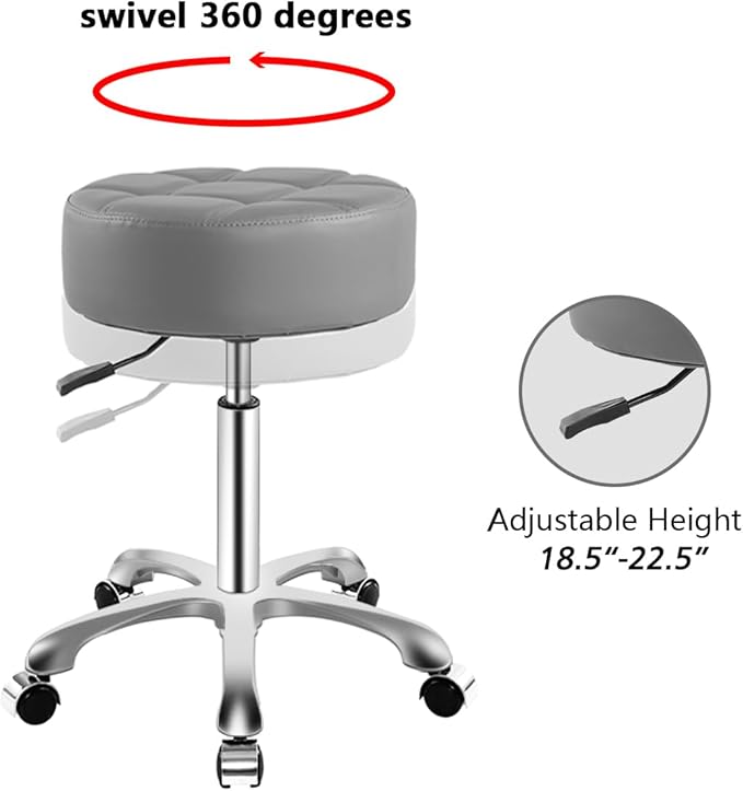 Ainilaily Rolling Stool with Wheels, Thick Cushion Heavy Duty Esthetician Hydraulic Chair Stool for Work Medical Tattoo Salon Office (Grey)