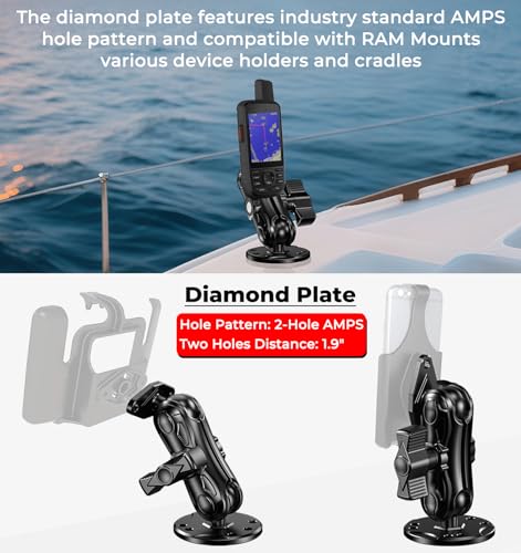 Aluminum Alloy 1" Ball GPS Mount with Industry Standard AMPS Hole Diamond Plate & Round Base, 3.5" Medium Arm for Garmin H...