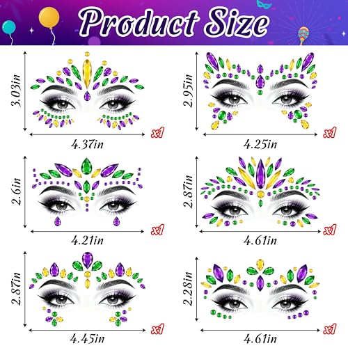 6 Sets Mardi Gras Face Gems Stickers Accessories Self-Adhesive 3D Eye Jewels for Women Crystals Decorations Carnival Party...