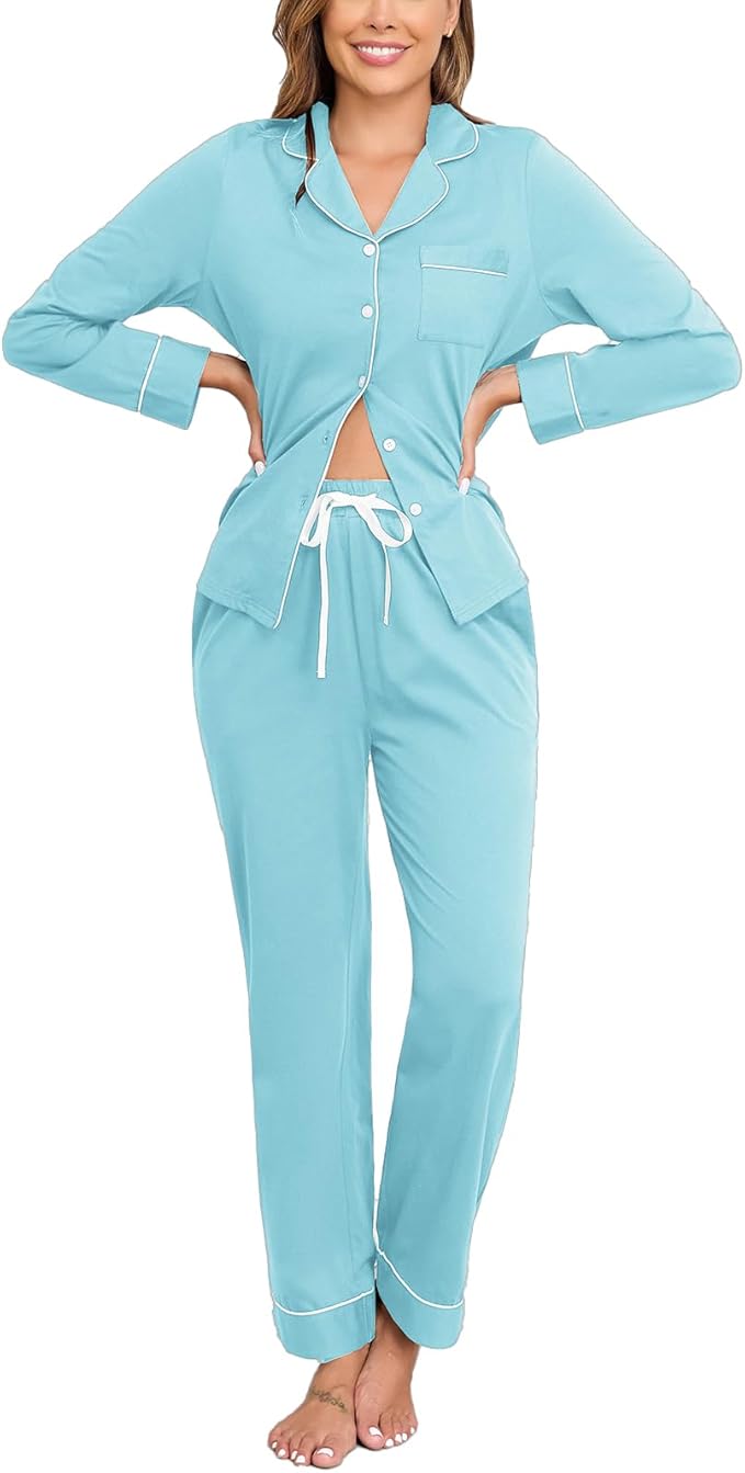 Veseacky 100% Cotton Pajamas for Women Set Long Sleeve Button Down Sleepwear Soft Pjs Lounge Sets with Pockets XS-XXL