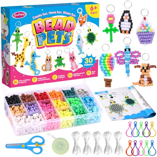 Funtopia Beads for Crafts, Pony Beads Keychain Making Kit, Bead Pets Art Crafts for Kids Beginners, Birthday Party DIY Cra...