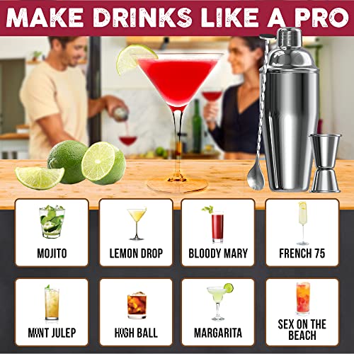 Cresimo 24oz Cocktail Shaker Set with Bar Accessories for Home Bar - Martini Shaker with Jigger and Drink Mixer Spoon - Al...
