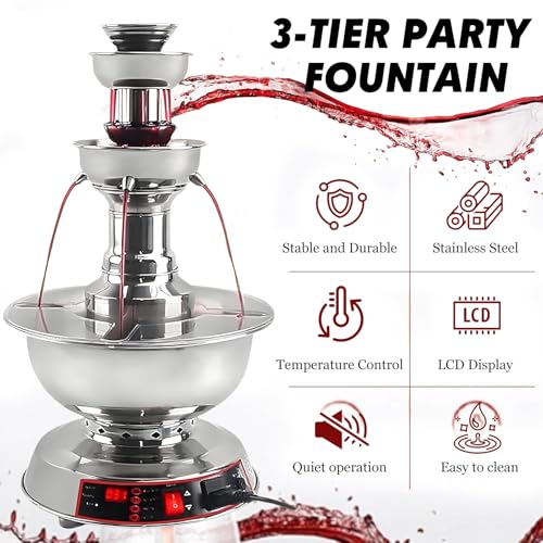 3-Tier Party Drink Fountain – 3.5L Electric Cocktail Fountain Wine Juice Dispenser with Warming Function, Stainless Steel ...