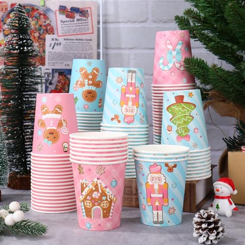 JarThenaAMCS 120Pcs Christmas Gingerbread Paper Cups 9oz Disposable Drinking Cups Pink Blue Nutcracker Candy Cane Holiday ...