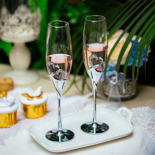 Sziqiqi Wedding Champagne Glass Set Silver Toasting Flute Glasses Pack of 2 with Rhinestone Rimmed Hearts Decoration for W...