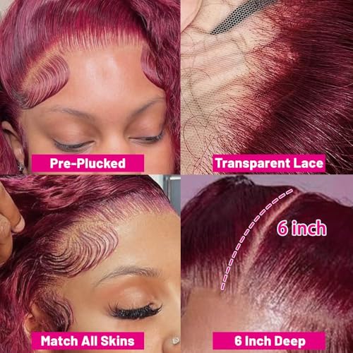 99j Burgundy Lace Front Wigs Human Hair 13x6 Deep Wave Lace Front Wigs Human Pre Plucked 180 Density HD Transparent Red Colored Wigs for Women with Baby Hair 20 Inch