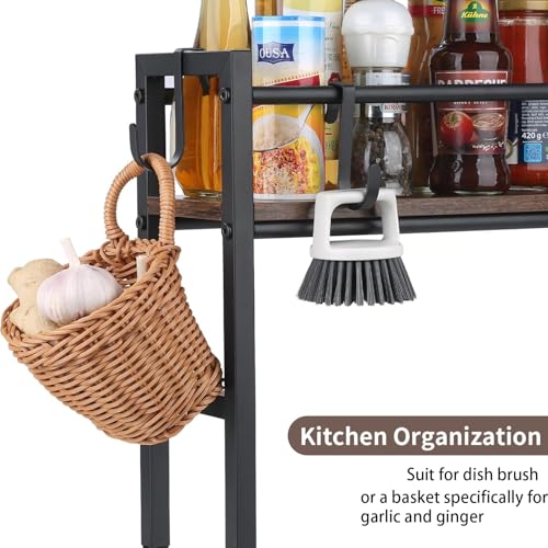 Meangood Spice Rack Shelf for Kitchen Stove, Over the Stove Shelf with 4 Hooks Extra Storage Countertop, Rustic Wood & Sol...