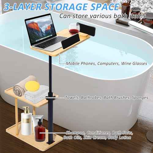 3 Layer Bath Tub Tray Table, Liftable Freestanding Bamboo Bath Tray Caddy for Tub Against Wall, Bath Table Tray Tub Shelf Bathroom Organizer Shelf for Luxury Spa and House Warming New Home