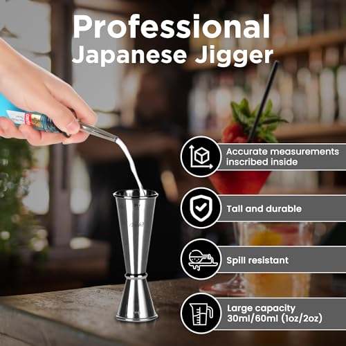 TEAVAS Mixology Bartender Kit with Japanese Jigger & Bamboo Stand - 25 Piece Stainless Steel Cocktail Making Set, Shaker, ...