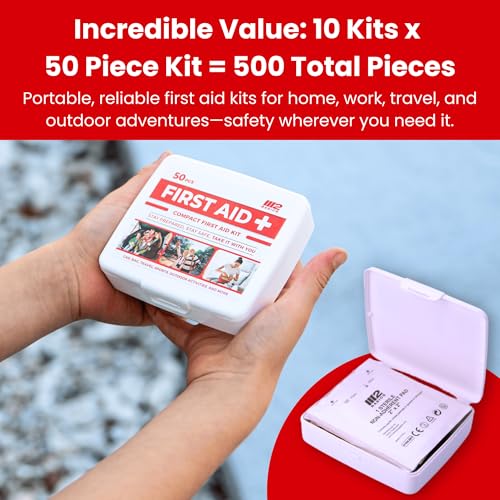 M2 BASICS Mini First Aid Kit Multi Pack, 10 Pack, 50 per Kit, 500 Total Pieces, Bulk Portable Kits for Car, Travel, Home &...