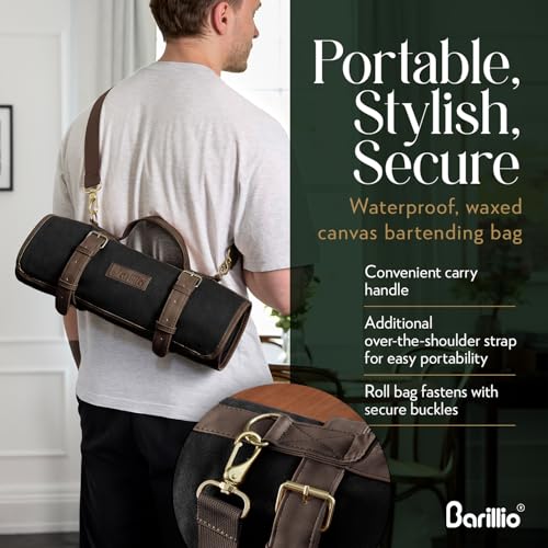 Barillio Bartender Bag (Without Tools) - Stylish, Waxed Canvas, Roll Up Traveling Bar Bag for Carrying Bar Tools and Cockt...