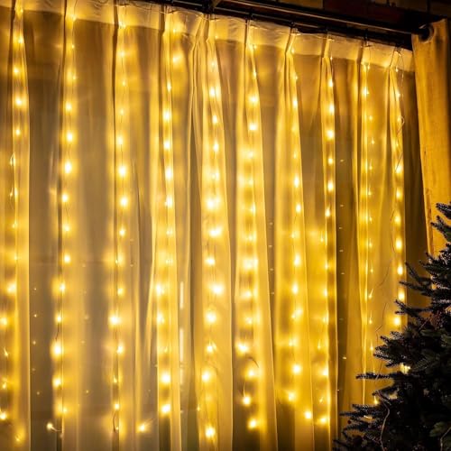 Curtain String Lights 6.5 x 5 ft,195 LED Battery Operated USB Powered light with 8 Modes Dimmable Timer,Copper Tapestry Tw...
