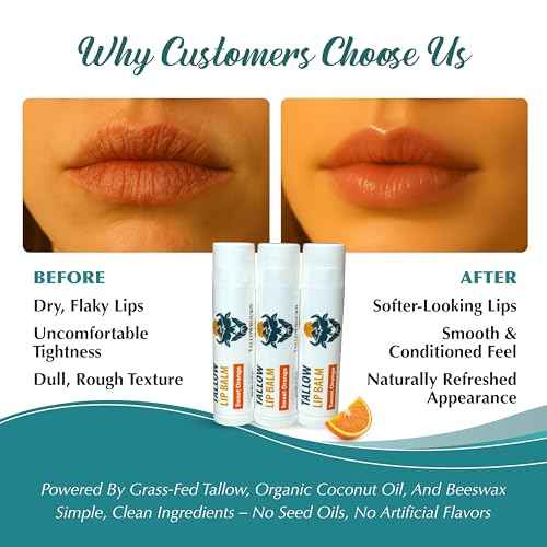Moisturizing Tallow Lip Balm ? Grass-Fed Beef Tallow with Organic Coconut Oil, Beeswax, and Vitamin E ? Sweet Orange ? Lip Balm Set ? Travel Essential ? 3-Pack