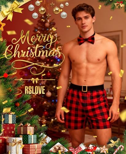 RSLOVE Santa Boxers for Men - 2PCS Christmas Shorts Plaid Outfits Holiday Briefs with Bow Tie