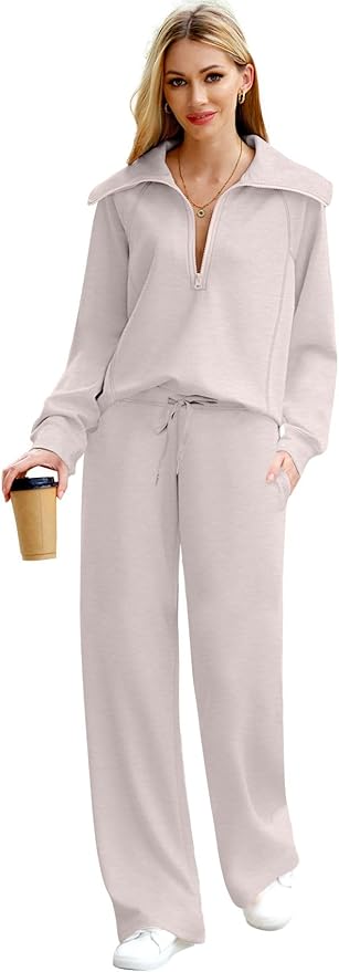 XIEERDUO Lounge Sets For Women 2025 Half Zip Sweatshirt And Wide Leg Sweatpant 2 Piece Outfits Sweatsuit Tracksuit