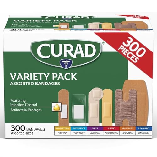 CURAD Assorted Bandages Variety Pack, 300 Count, 6 Styles Including Antibacterial, Waterproof, Sheer, Plastic, Heavy Duty...