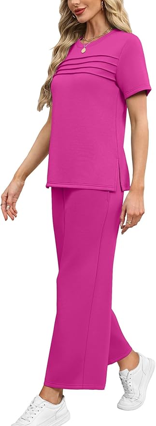 WIHOLL Two Piece Sets for Women Summer Travel Vacation Outfits Short Sleeve Lounge Sets Side Slit Wide Leg Pants S-3XL