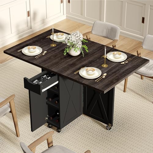 BHAODEAL Space Saving Folding Dining Table with 2 Tier Storage-Extendable Drop Leaf Farmhouse Wood Kitchen Dining Room Tab...