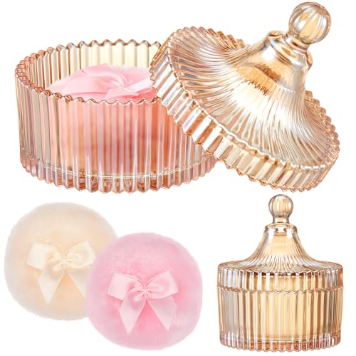 Tioncy 3 Pcs Large Body Powder Puff and Container Valentine's Day gift Powder Container with Puff Crystal Case Soft Washab...