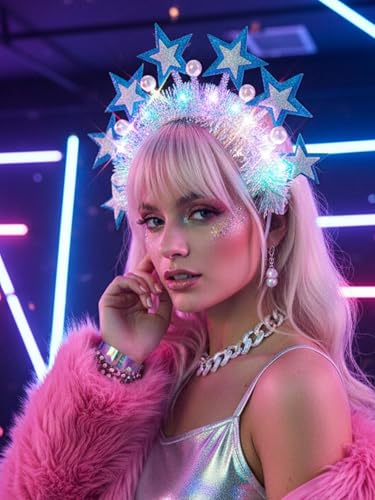 Lorealri Light Up Star Crown Headband, Blue and Silver Glitter Stars, LED Rave Party Costume Headwear Accessory for Women