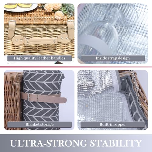 Neti Neti Wicker Picnic Basket for 4 with Insulated Cooler & Waterproof Blanket – Large Willow Picnic Hamper for Outdoor, ...