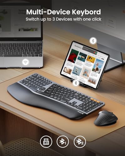 Backlit Bluetooth Ergonomic Keyboard, ProtoArc EK01 Plus Full Size Wireless Split Keyboard with Dual Bluetooth and USB, Cu...