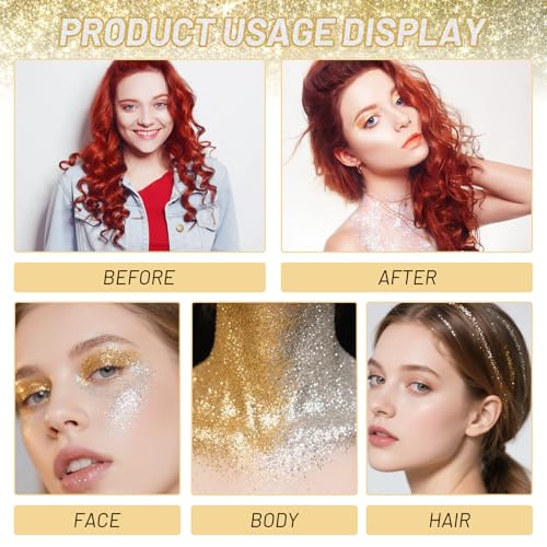 2PCS Face Body Glitter Stick,Gold Silver Hair Glitter Stick for Kids Women,Roll on Body Face Glitter Gel Makeup Hair Acces...