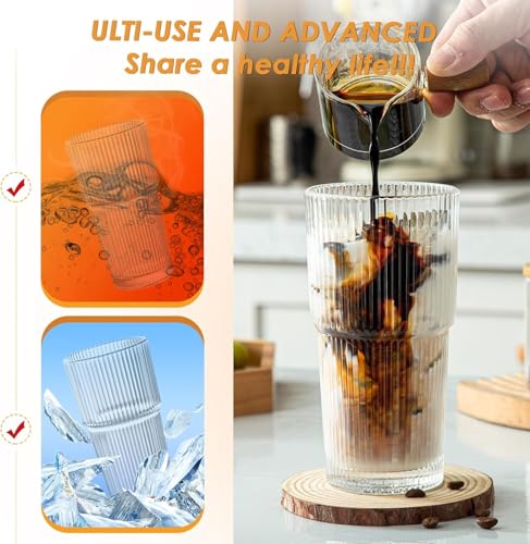 Snextek 20oz Ribbed Glass Tumblers with Lids and Glass Straws -4-Piece Set, Thickened for Iced Coffee, Smoothies,Cocktails...