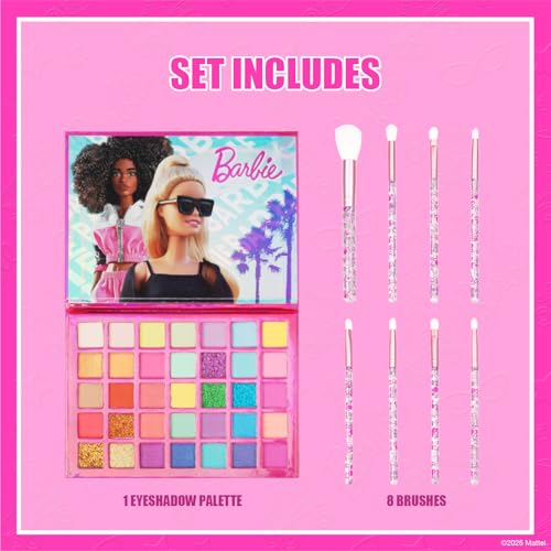 Barbie 35-Well Shadow Palette, Shimmery and Opaque Colors, Pigmented Blendable, 8 Application Brushes Ages 8+, by Townley ...