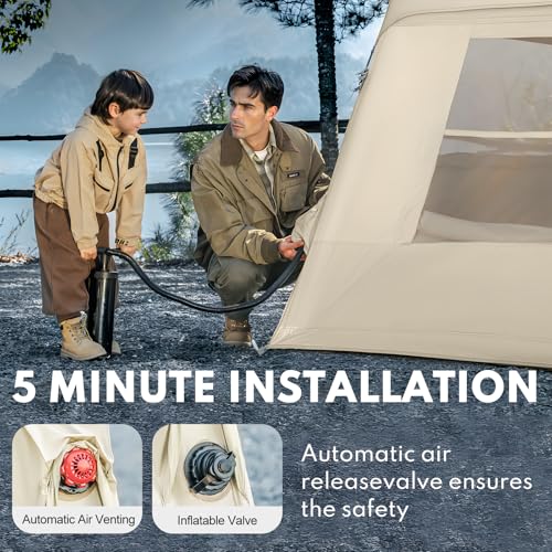 Inflatable Tents for Camping, Blow Up Tent with Hand Pump, 3-4 Person Air Glamping Tent with Canopy, Easy Setup 4 Season W...