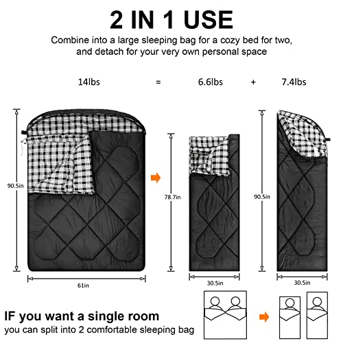 AGEMORE 0 Degree Double Sleeping Bag for Adults, Cotton Flannel Lined 2 Person Queen Size Warm Sleeping Bag for Family Win...