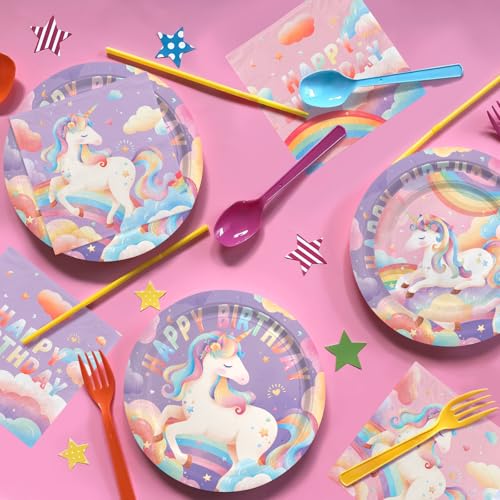 birthday Party Supplies Kit for 24 Guests - for Unicorn Birthday Decorations, Includes Dinner & Dessert Plates, Napkins, C...