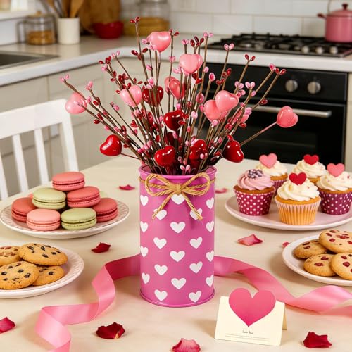 Aovaely Valentine & Galentine's Day Table Centerpiece Decor, Artificial Heart Flower Stems with Metal Pots, Valentines Gal...