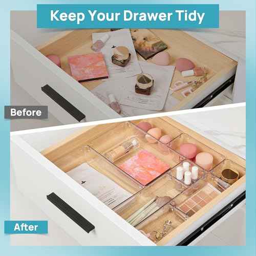 Vtopmart 10 Pcs Makeup Drawer Organizer Bins Set, 4 Size Plastic Makeup and Vanity Organizer Trays, Clear Acrylic Vanity Storage Containers for Cosmetics, Toiletries, Jewelry, Gadgets, Office Supply