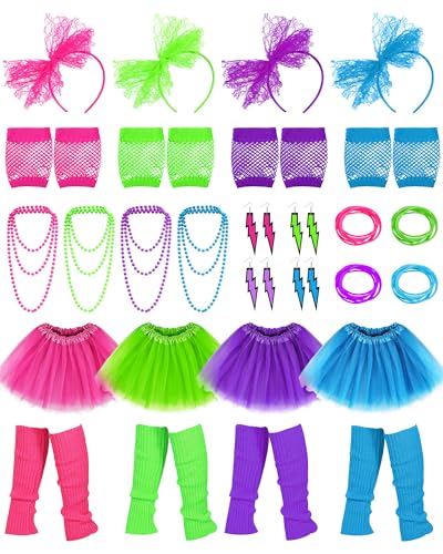 Panitay 28 Pcs 80s Costume Accessories for Women Gloves Necklaces Headbands Bracelets Socks Earrings Skirt for Halloween C...